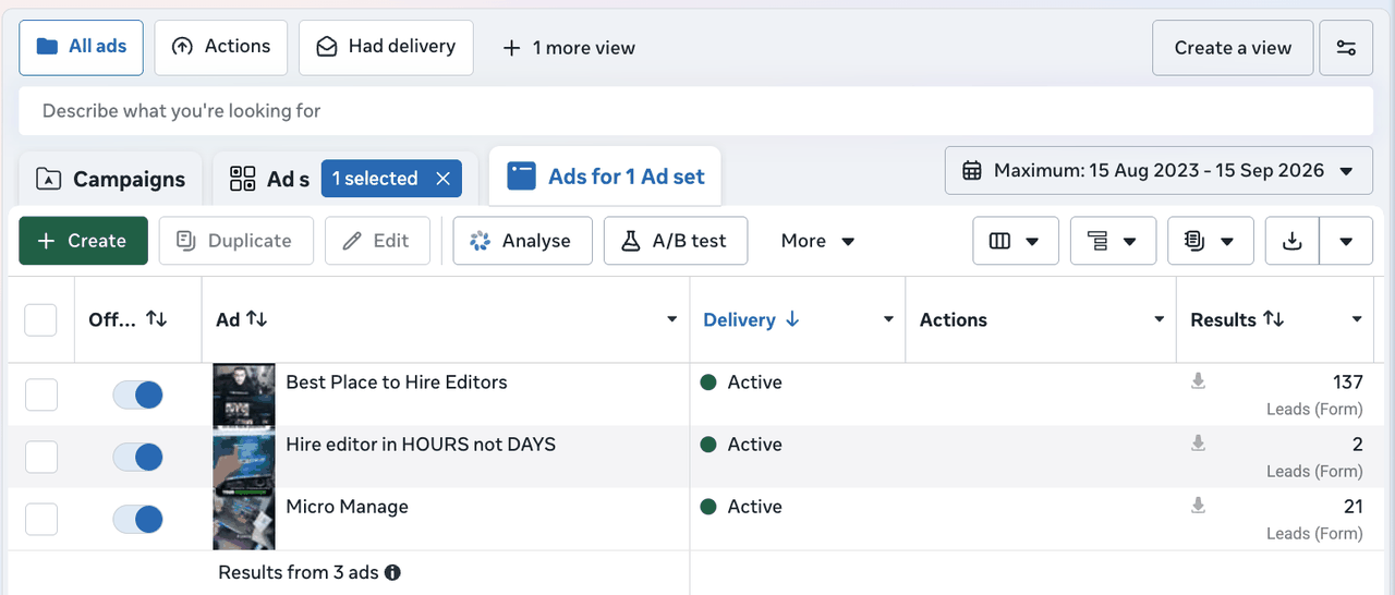 Meta Ads Manager showing three live VP+ ad campaigns, all Active and delivering leads