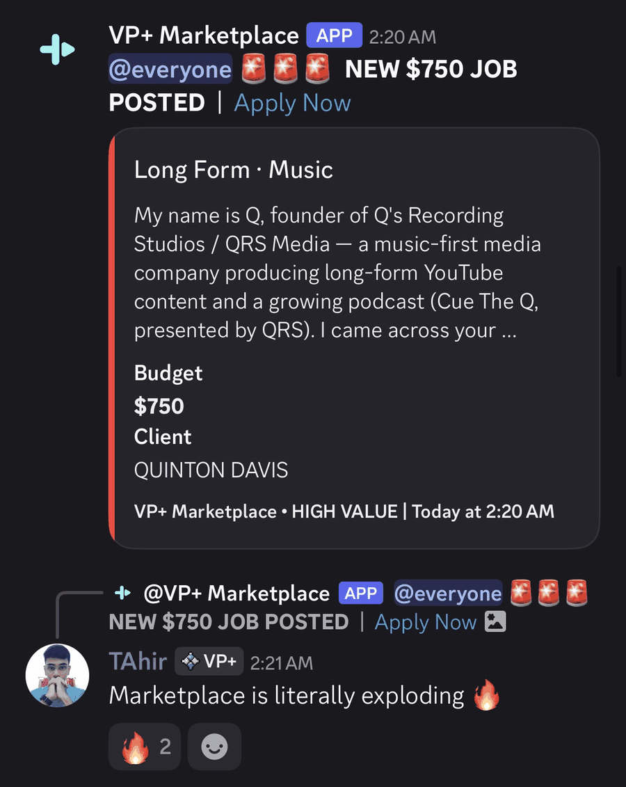 A VP+ Marketplace alert in Discord: NEW $750 JOB POSTED, a long-form music brief, timestamped 2:20 AM