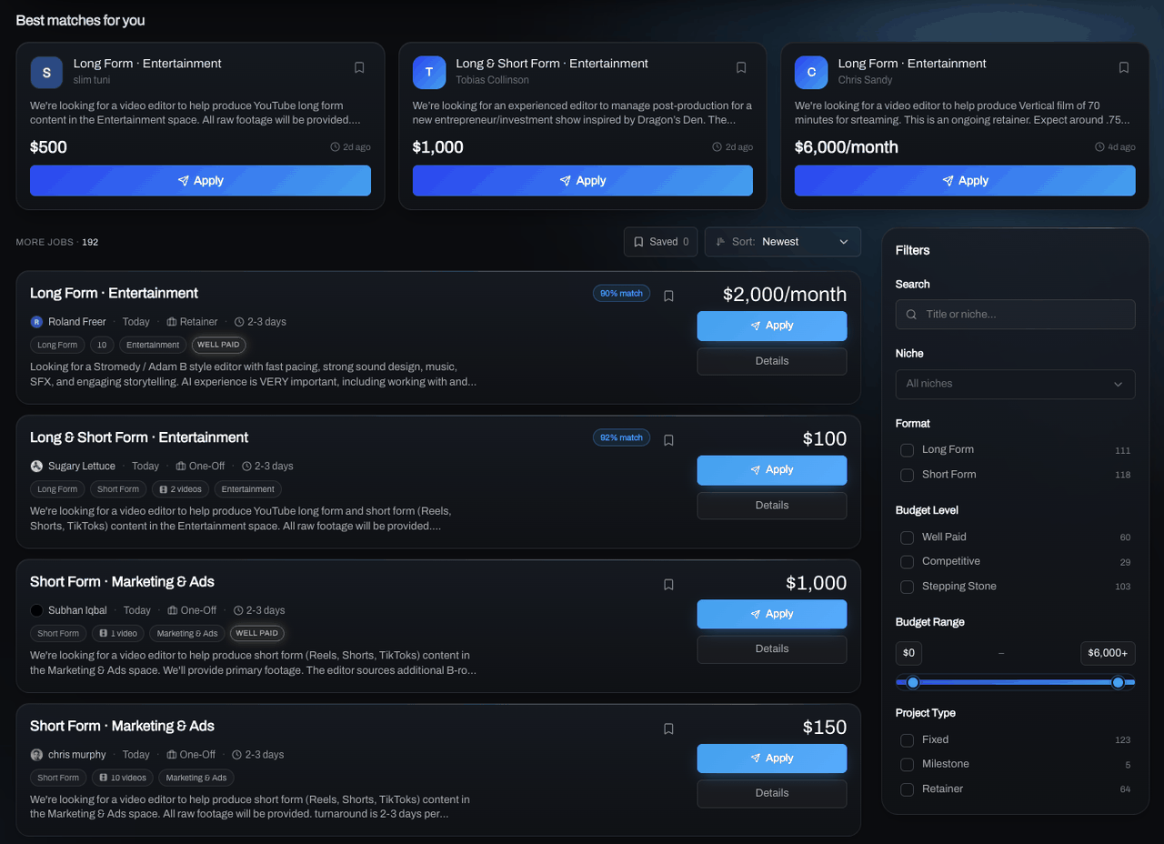 The VP+ jobs board, 192 open jobs matched to the editor, with niche, budget and project-type filters