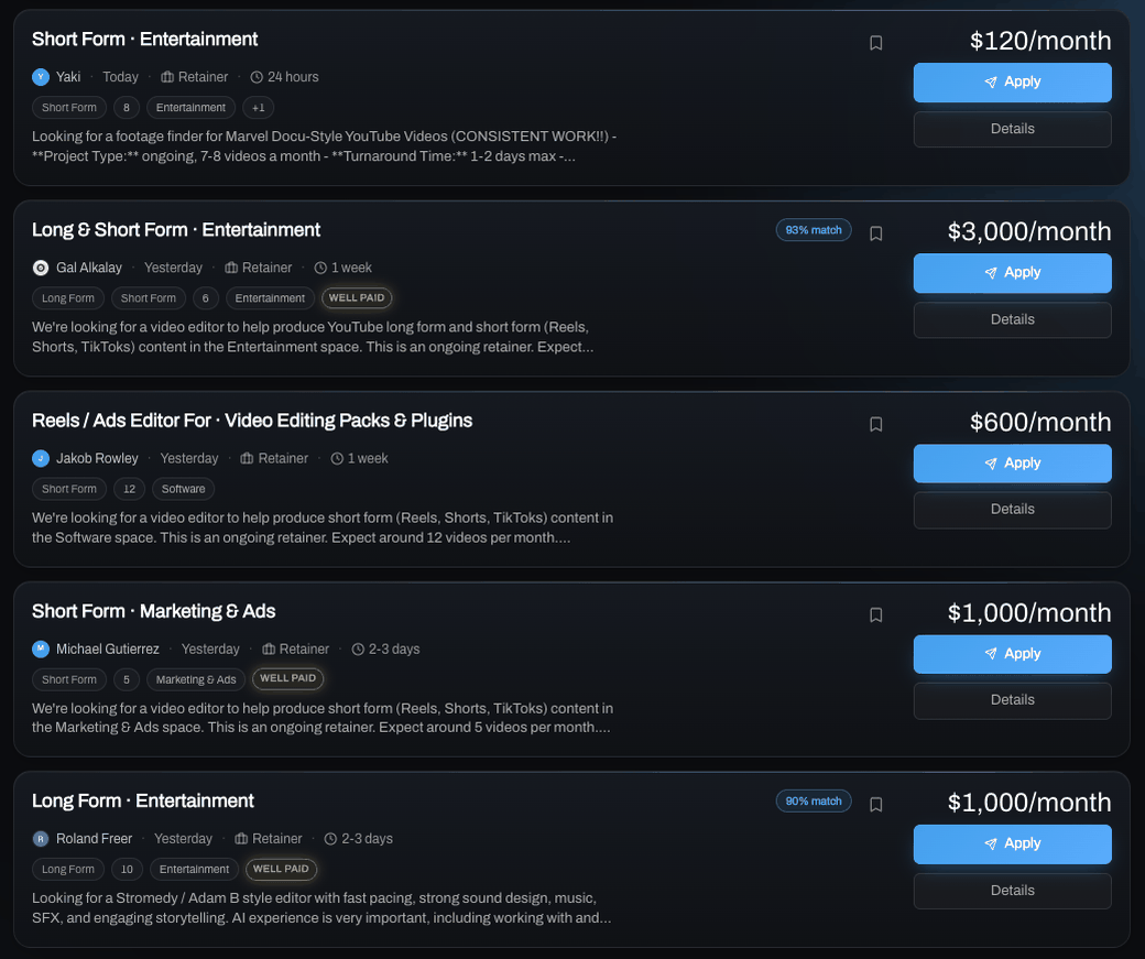 Live VP+ marketplace listings, retainers from $120 to $3,000 a month, each with an Apply button